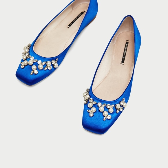 Zara Bejewelled Blue Satin Ballerinas US 6 EU 37 NWT - Picture 5 of 5